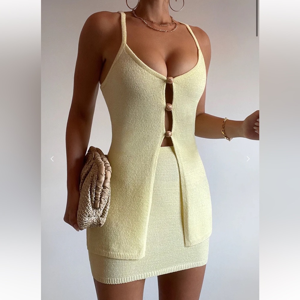 Yellow Knit Button-Front Mini Dress by